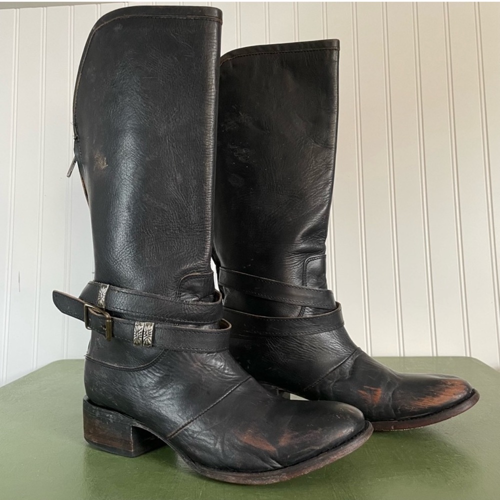 Freebird DROVER Zip-Back Tall Riding Cowboy Boots in Distressed Black Leather